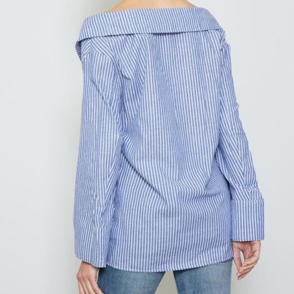 HAYLEY OFF THE SHOULDER BLUE BUTTON DOWN TOP - Picture 2 of 6